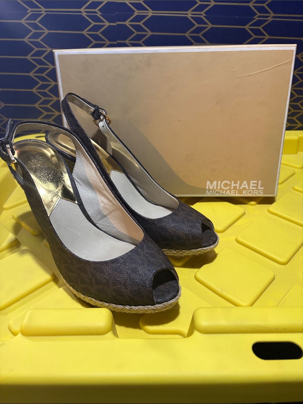 MICHAEL Michael Kors Dark Brown Logo Peep-Toe Wedge Espadrilles